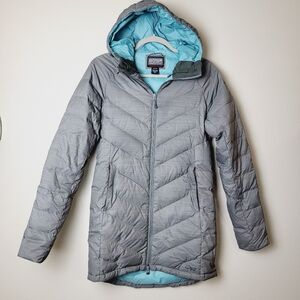 Outdoor Research Emeralda Down Parka Jacket Coat Grey and Teal Hooded Size XS‎